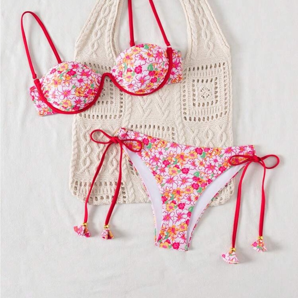 Floral Bikini Set with Red Straps